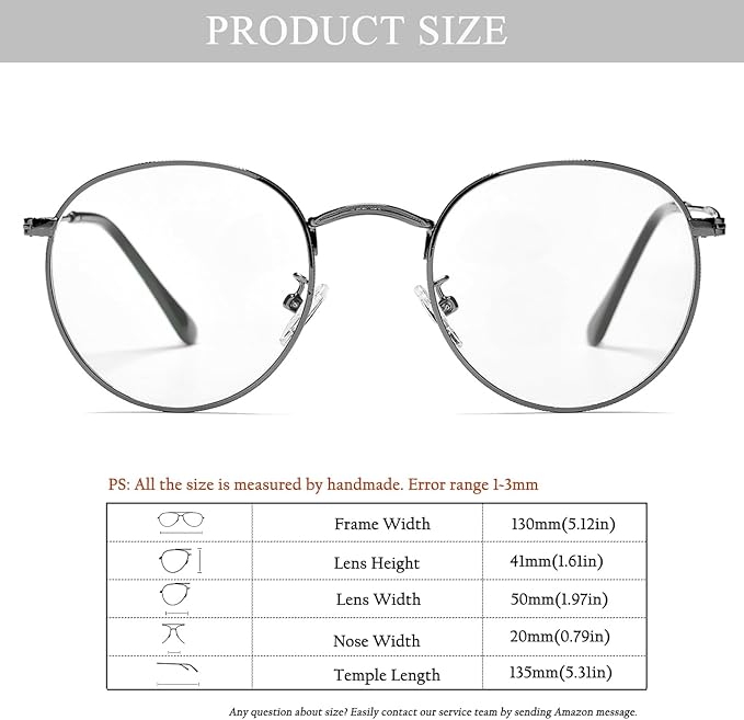 HJSTES Round Blue Light Glasses for Women Men Retro Circle Clear Lens Metal Frame Eyeglasses