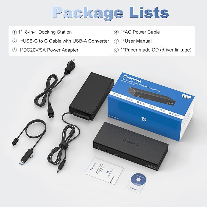 WAVLINK 18-in-1 Quad Monitor USB C Docking Station with 4 HDMI, 4 Displayport, Compatible for Mac Windows Thunderbolt 4/3, 100W Power, 2.5G Ethernet, USB3.0, SD/TF, Audio/Mic (Quad Monitor Display)