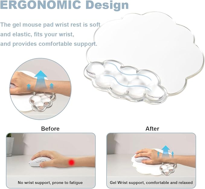 Cloud Mouse Pad with Gel Wrist Support - Clear Ergonomic Mousepad with Non-Slip Base and Cute Coaster for Computer Keyboard Typing Pain Relief/Laptop/Home/Office (Cloud Shape, 2 PCS)
