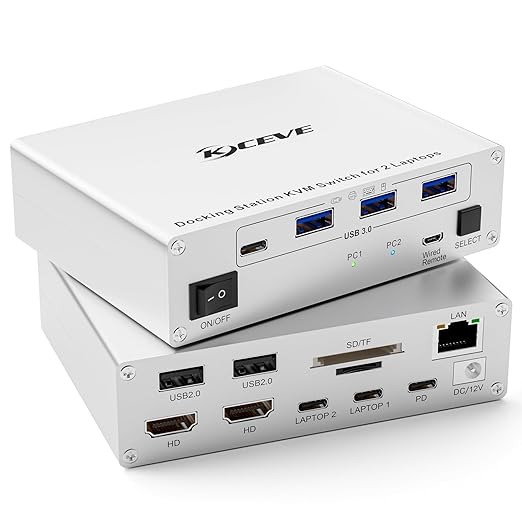 KCEVE 15-in-1 KVM Switch USB C Docking Station, USB 3.0 KVM Switch 2 Monitors 2 Laptops HDMI 4K@60Hz, 80W PD, 5Gbps, MST, Gigabit Ethernet, SD/TF Card, Power Adapter, Wired Remote