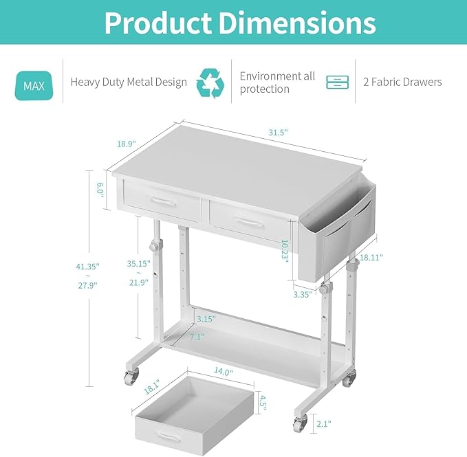 Small White Portable Rolling Standing Desk with Drawers & Storage Shelf, 32 Inch Mobile Stand Up Desk Adjustable Height with Wheels for Home Office, Kids Desks Couch Sofa Side Laptop Craft Table