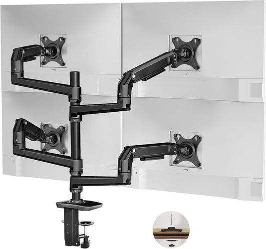 Quad Monitor Mount, Holds Screens up to 40 Inches and 25 lbs, Fully Adjustable 4 Monitor Stand with C-Clamp and Grommet Base, Aluminum, Black