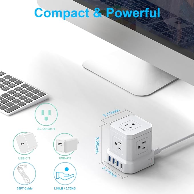Extension Cord 25 FT, TOPREK 5 AC Outlets 4 USB, Power Strip with USB, USB C (15.5W/3.0A) Power Strip Surge Protector, Flat Plug Extension Cord for Apartment, Home Studio, RV