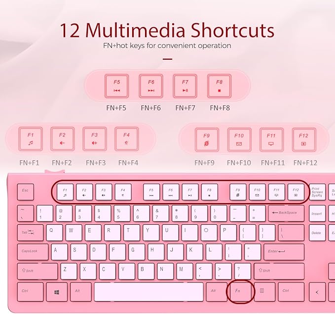 Wired Keyboard, Ultra-Thin USB Wired Computer Keyboard, Low-Profile Keys, Spill-Resistant, Multimedia Keys, Compatible with Windows, Mac, Chrome, Linux, and Android-Rose Pink