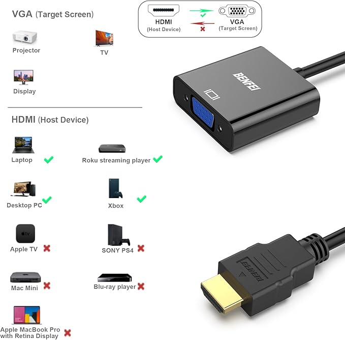 BENFEI HDMI to VGA, 5 Pack, Gold-Plated HDMI to VGA Adapter (Male to Female) for Computer, Desktop, Laptop, PC, Monitor, Projector, HDTV, Chromebook, Raspberry Pi, Roku, Xbox and More - Black