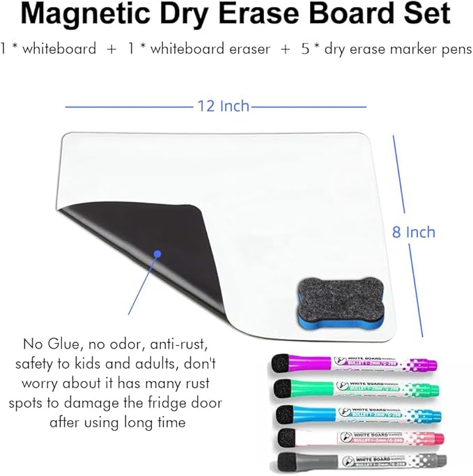 INMORVEN Small White Board Dry Erase Menu Planner, Fridge Whiteboard for Kitchen, 12"X 8" White Board Organizer and Planner with Stain Resistant Technology, Include 1 Eraser, 5 Markers