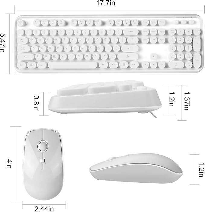 Wireless Keyboard and Mouse Combo - Cute Colorful Keyboard and Mouse, Retro Typewriter Keyboard with 2.4GHz Plug & Play, for Windows 11/10/7, Laptop, PC (White)