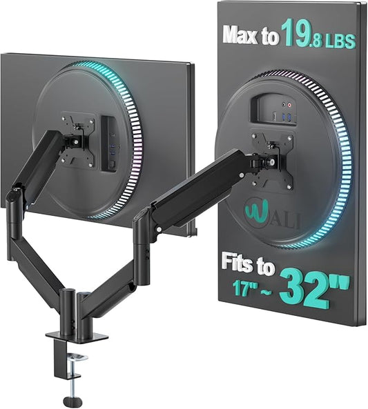 WALI Dual Monitor Mount for 17-32 inch Screens, Dual Monitor Arms for 2 Monitors Holds 19.8 lbs, Adjustable Gas Spring Dual Monitor Stand for Desk, VESA Mount 75x75/100x100mm (GSMP002), Black
