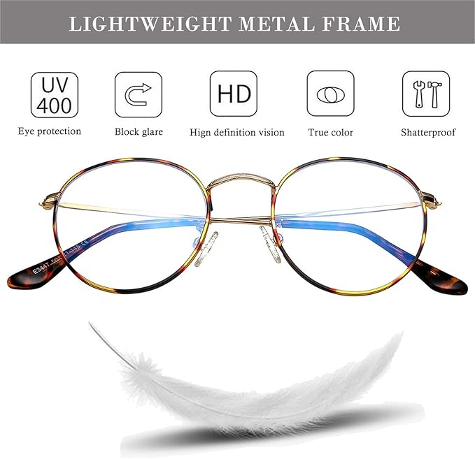HJSTES Round Blue Light Glasses for Women Men Retro Circle Clear Lens Metal Frame Eyeglasses