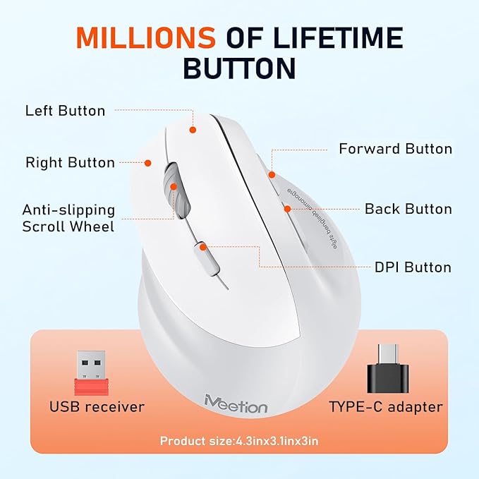 MEETION Left-Handed Mouse, Ergonomic Mouse Wireless Vertical Mouse, RGB Mice for Bluetooth(5.2 + 3.0) & USB-A with Type-c Adapter 4 Adjustable DPI for Mac/Windows/PC/Tablet/iPad Gray