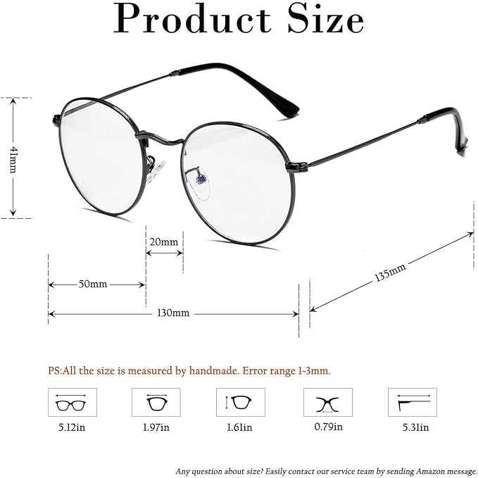 HJSTES Round Blue Light Glasses for Women Men Retro Circle Clear Lens Metal Frame Eyeglasses