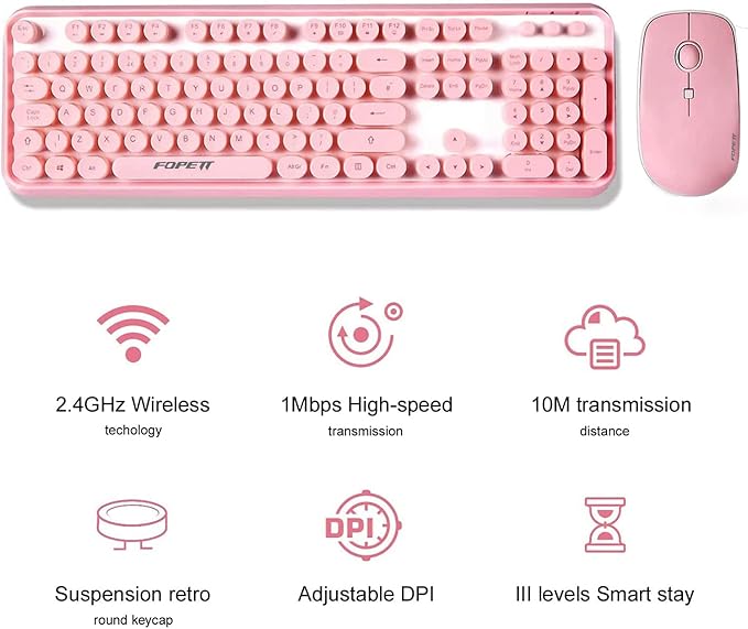 Wireless Keyboard and Mouse Combo - Cute Colorful Keyboard and Mouse, Retro Typewriter Keyboard with 2.4GHz Plug & Play, for Windows 11/10/7, Laptop, PC (Pink)