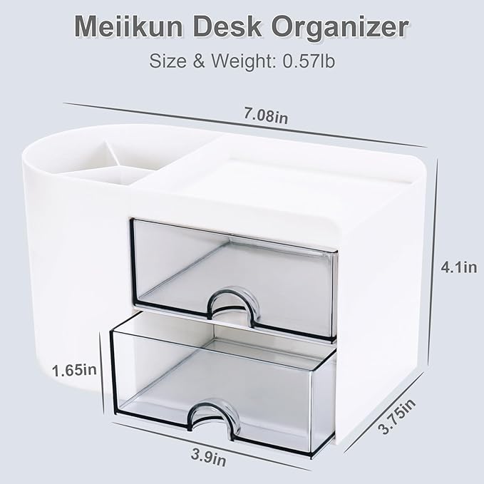 Desk Organizer with Drawer, Pen Organizer for Desk, Small Pencil Holder, Desk Organizers and Accessories for Office Home Storage (2 Drawers+4 Compartments, White)