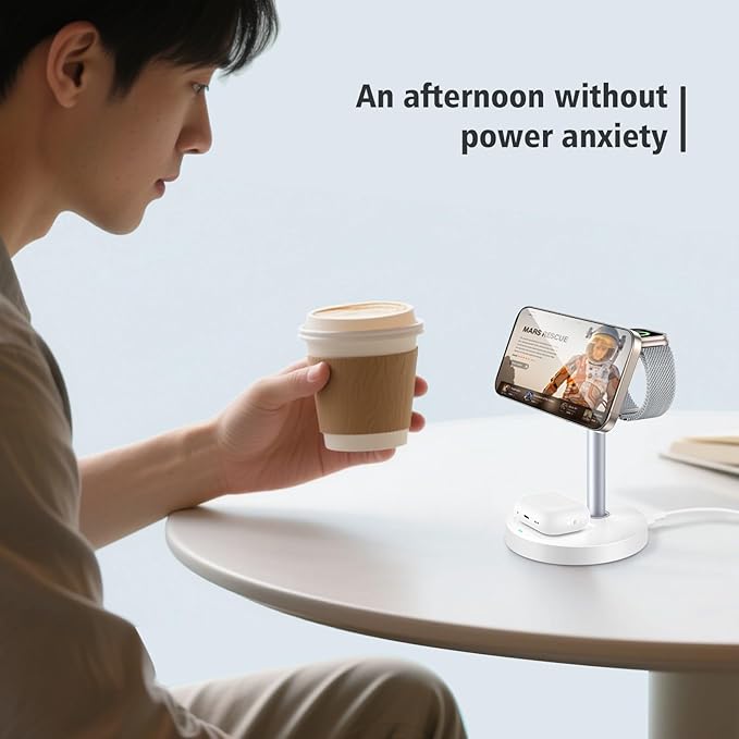 3 in 1 Magnetic Wireless Charging Station, 15W Fast Charger Stand for iPhone, Phone Charger Stand for Desk Nightstand, Compatible with iPhone 17/16/15/14, Apple Watch & AirPods, Adapter Not Included