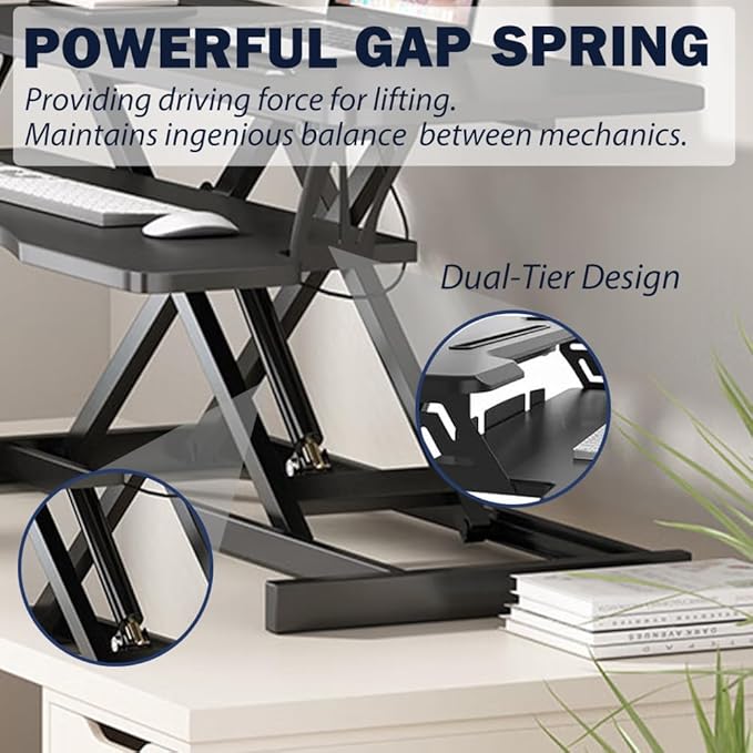 Black Desk Riser for Computer Monitors & Laptop Workstation, Height Adjustable 32 Inch Stand Up Desk Converter, Sit To Stand Tabletop Dual Monitor Riser Workstation with Wide Keyboard Tray