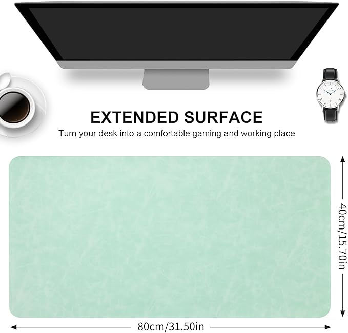 Desk Pad Soft PU Leather Large Mouse Pad Laptop Computer Desk Mat Table Blotter Flat Smooth Waterproof Non-Slip Desktop Protector Writing Pad for Office and Home (Light Green, 90x43cm)