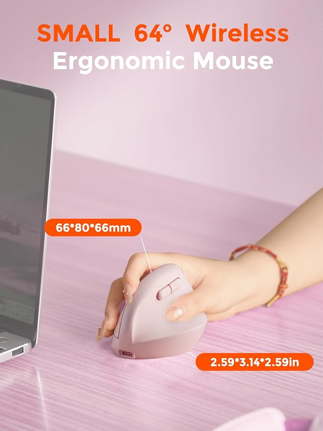 DAREU Ergonomic Vertical Wireless Mouse for Small Hands,2.4GHz / BT Dual Mode,Optical Vertical Mice with 64° Ergonomic Design,Type-C Rechargeable Silent Click,3 Device Connectivity for PC/Laptop
