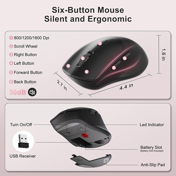 Wireless Keyboard and Mouse Combo, 2.4G Full Size Wave Keys Ergonomic Keyboard with Wrist Rest, Phone Holder, 3-Level DPI Wireless Silent Mouse with 6-Buttons, for Windows (Pink)