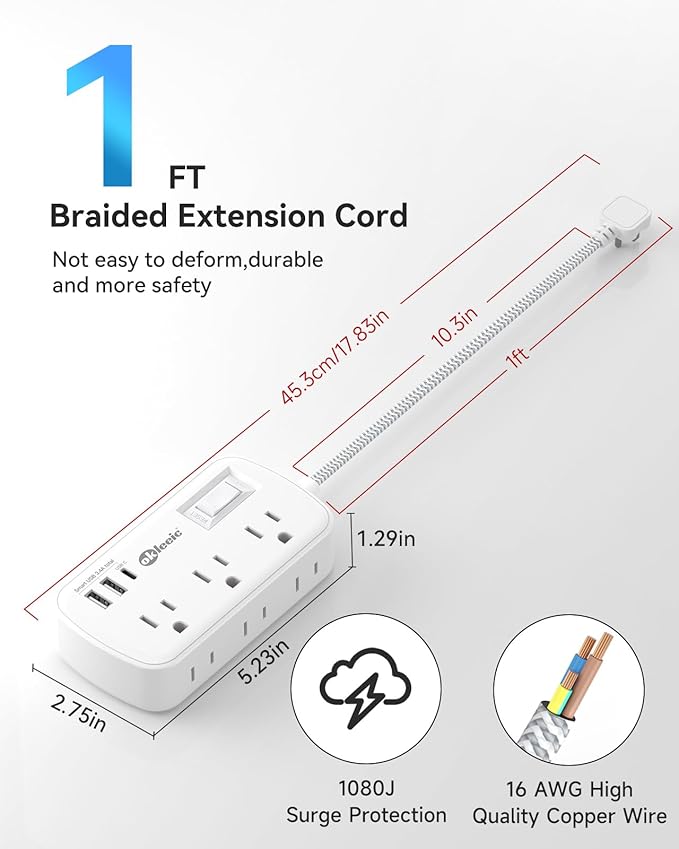 Short Extension Cord 1 ft - Flat Plug Small Power Strip Surge Protetor with 6 Outlets 3 USB (5V/3.4A 17W) Charging Ports, Multi Plug Wall Outlet Splitter for Home Office Dorm Roomc, White