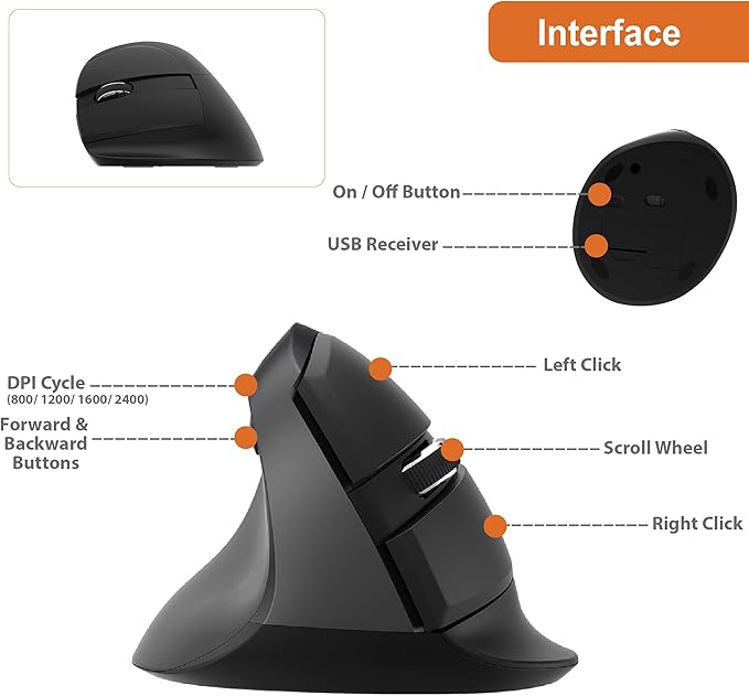 J-Tech Digital Left Handed Wireless Ergonomic Vertical Mouse for Small Hands with USB Nano Transceiver, AA Battery, 4 DPI, Compatible with Mac and PC, Black [V628ML]