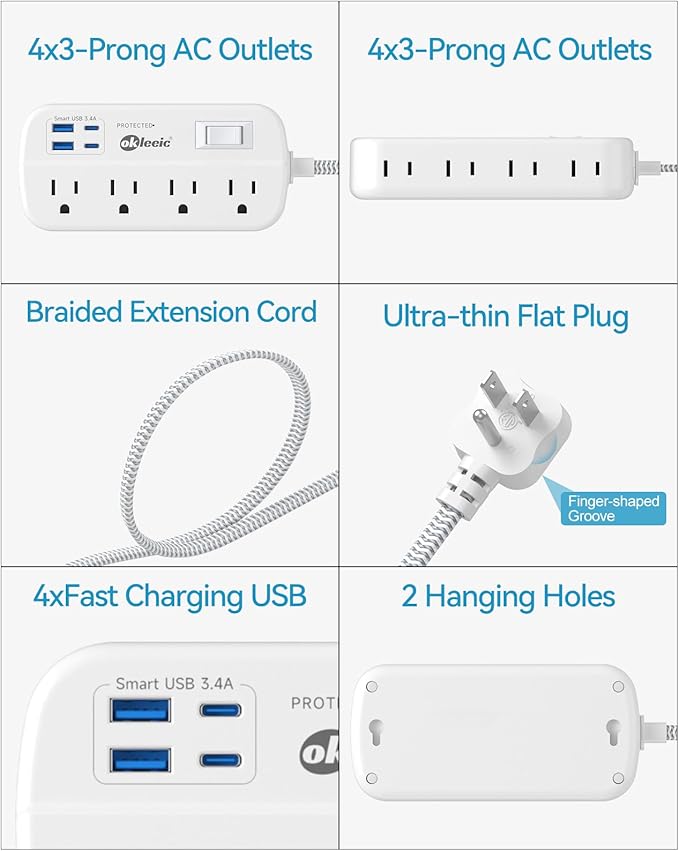 Short Extension Cord 1 ft - Flat Plug Power Strip Surge Protetor with 8 Outlets 4 USB (5V/3.4A 17W) Charging Ports, Multi Plug Wall Outlet Splitter for Home Bedroom Hotel Office Desktop Accessories