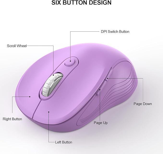 WisFox 2.4G Wireless Mouse for Laptop, Ergonomic Computer Mouse with USB Receiver and Type-C Adapter, 3 Adjustable Levels DPI, 6 Button Cordless Wireless Mice (Lilac, 1 Pack)