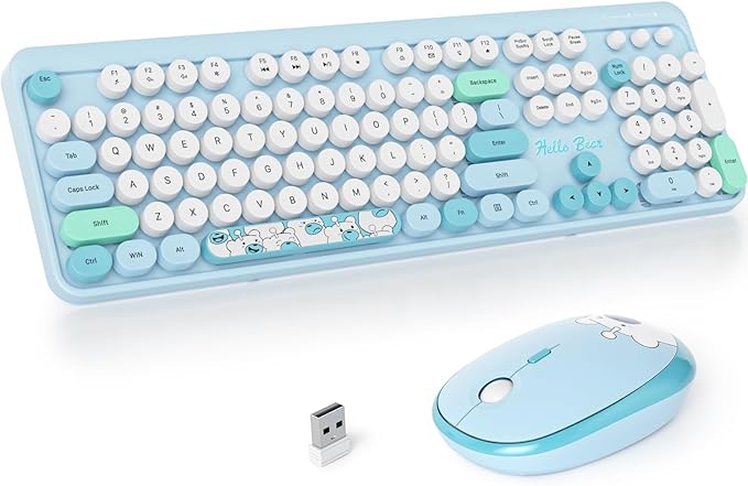 Fogruaden Wireless Keyboard and Mouse Combo, 2.4GHz Retro Typewriter Keyboard, 104 Full Size Round Keycap Cute Computer Keyboard with Number Pad, Blue Colorful Keyboard for Windows PC Laptop(Blue)