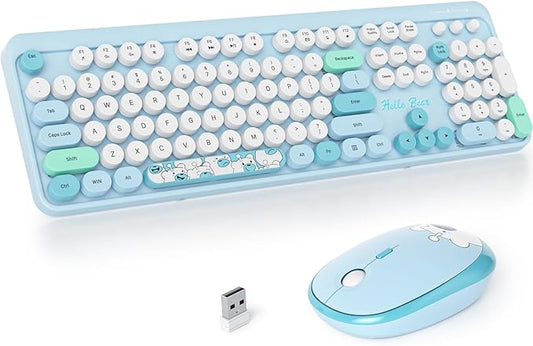 Fogruaden Wireless Keyboard and Mouse Combo, 2.4GHz Retro Typewriter Keyboard, 104 Full Size Round Keycap Cute Computer Keyboard with Number Pad, Blue Colorful Keyboard for Windows PC Laptop(Blue)