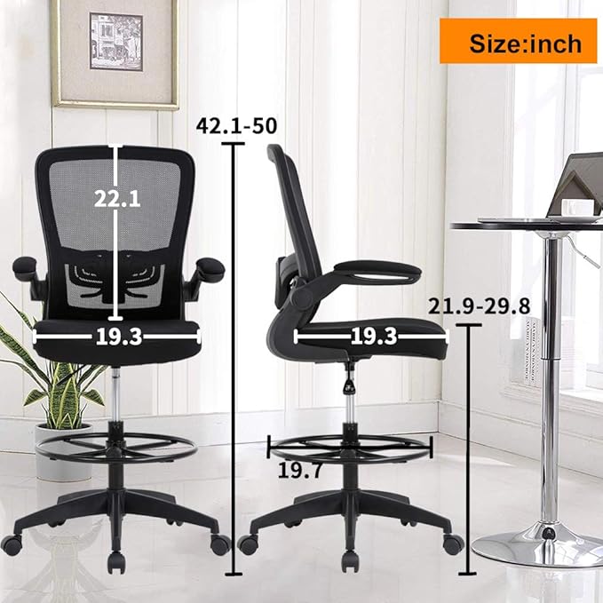BestOffice Drafting Chair Tall Office Chair Adjustable Height with Lumbar Support Flip Up Arms Footrest Mid Back Task Mesh Desk Chair Computer Chair Drafting Stool for Standing Desk, Black