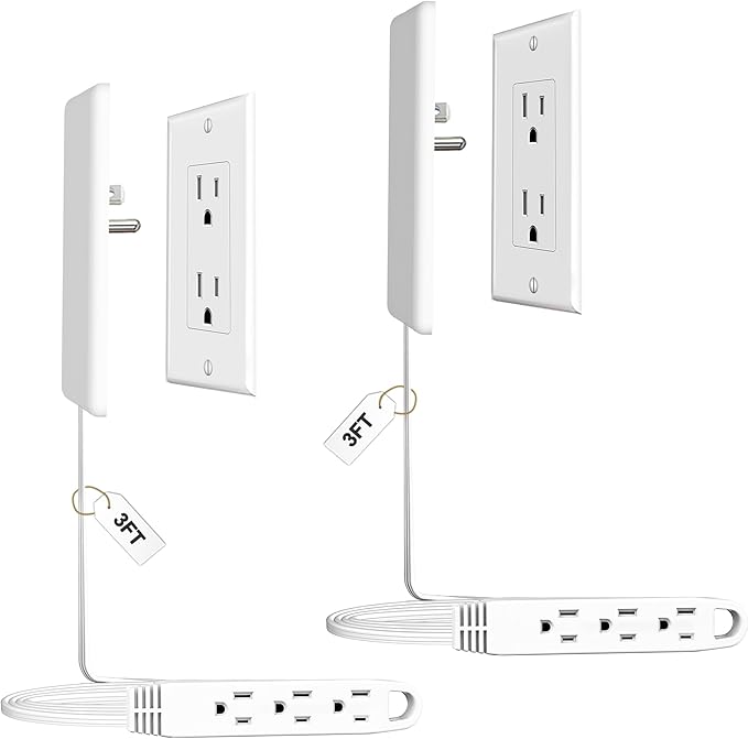 2 Pack 3FT Flat Plug Extension Cord Power Strip with 3 Outlets, Patented Detachable Ultra-Thin Outlet Cover Concealer & Ultra-Flat Plug, Max. 13A 125V 1625W ETL Listed, White Color