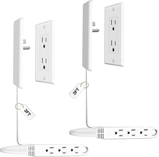 2 Pack 3FT Flat Plug Extension Cord Power Strip with 3 Outlets, Patented Detachable Ultra-Thin Outlet Cover Concealer & Ultra-Flat Plug, Max. 13A 125V 1625W ETL Listed, White Color