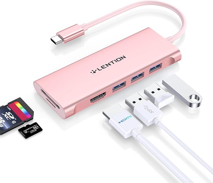 LENTION USB C Hub with 4K HDMI, 3 USB 3.0, SD/Micro SD 3.0 Card Reader, Compatible 2025-2018 MacBook Pro/Air, 2026 MacBook Neo, Mac, Surface, Chromebook, iPhone17/16/15 Pro Max, More (Rose Gold)