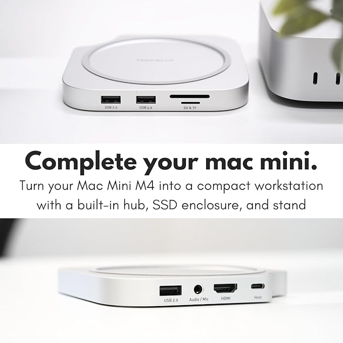 Macally Mac mini M4 Dock and Stand, Mac mini M4 Hub with M.2 NVMe Enclosure, 4K HDMI 60hz, 3 USB A,10Gbps USB C Data Port, SD Card Reader, 3.5mm Audio Jack
