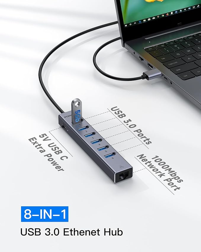 FORIDA Aluminum USB to Ethernet Adapter with 7-Port USB Hub – 3.9ft Long Cable, Gigabit Ethernet Port, 5V/3A Power Port | USB Extender Compatible with Windows, macOS, Linux & More