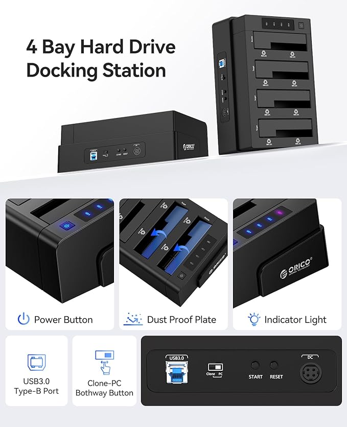 ORICO 4 Bay External Hard Drive Docking Station USB 3.0 to SATA I/II/III for 2.5''/3.5'' HDD SSD with Hard Drive Clone Function Slope Design Support UASP [4 x 20TB]-6648US3
