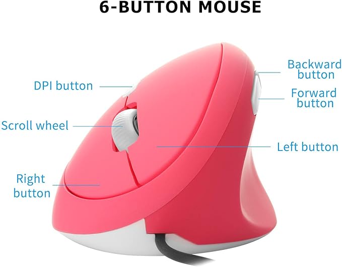 Wired Vertical Mouse, Ergonomic Optical USB Cord PC Gaming Mice 800-1200-1600 DPI Portable Silent Mause for Laptop Desktop Office Use (Pink)