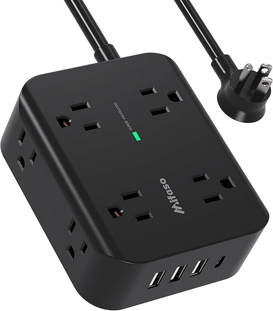 Extension Cord 10 FT, Flat Plug Power Strip Surge Protector with 8 Wide Outlets 4 USB Ports, 3-Side Outlet Extender, Mounted, Overload Protection, for Indoor Home Office, Dorm Room Essentials