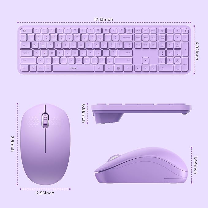 Wireless Keyboard and Mouse Combo - seenda Full Size 2.4G USB Wireless Keyboard Mouse Set, Quiet Cordless Computer Keyboard Mouse for Windows, Laptop, PC - Purple