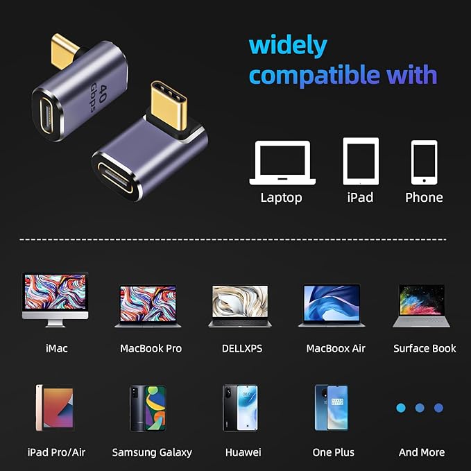 90°Right Angle USB-C Male to Female Adapter 2 Pack, 40Gbps USB Type C Thunderbolt 4/3 Extender for MacBook,iPad,Tablet,Phones (USB C 90 Degree Adapter)