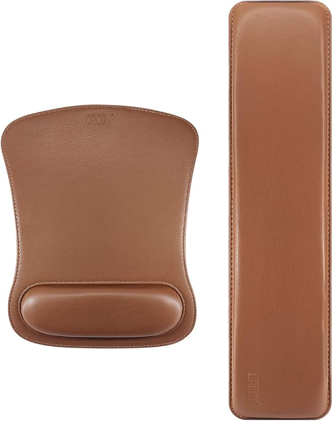 Cacoy PU Leather Mouse Pad with Wrist Support and Keyboard Wrist Rest Set for Gaming, Office, PC Computer Laptop, Ergonomic Memory Foam Non Slip Rubber Wrist Support Relief Pain (Brown)