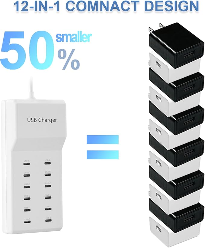 USB C Charger, 60W Charging Station, 12 Port USB C Desktop Charger, Charge Block Compatible with iPhone 11/12/13/14/15/LG/Smartphone/Tablet/other USB Devices