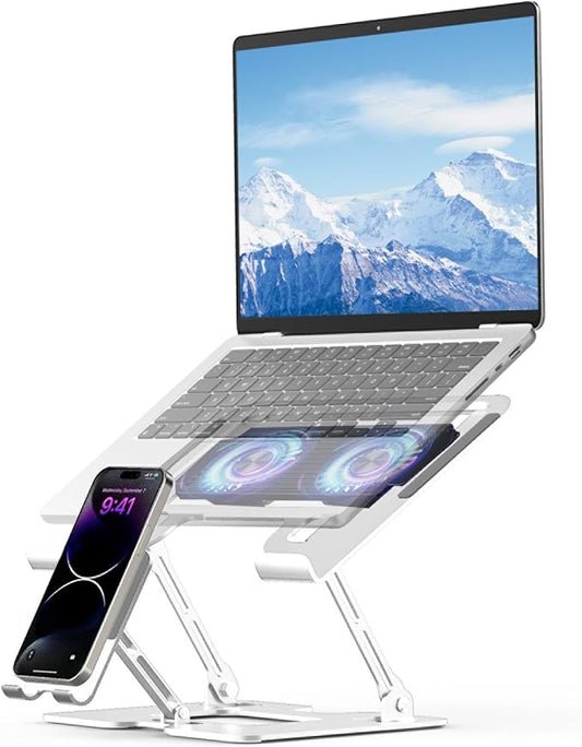 Laptop Cooling Stand with Detachable Fan,2-IN-1 Laptop Stand with Phone Holder and Silent Fans,Adjustable Height and Angle,Carbon Steel Framework,Laptop Cooling Pad for up to 16”Laptop (White)