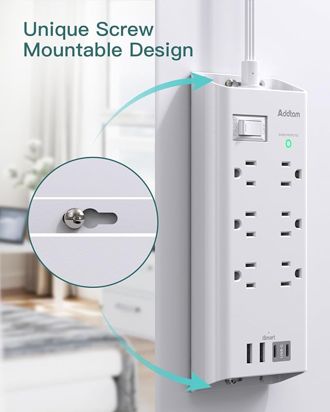 10ft Flat Plug Extension Cord, Surge Protector Power Strip With 6 Outlets and 4 USB Ports (2 USB C), Multiple Outlets for Home Dorm Room Essentials