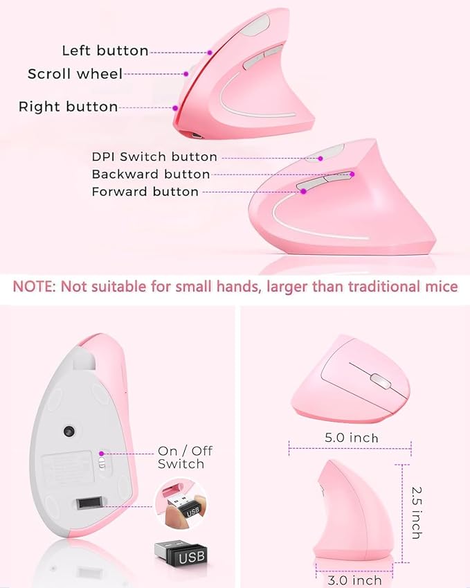 Ergonomic Mouse Wireless, Rechargeable Mouse Silent for Carpal Tunnel Right Hand, 2.4GHz USB Vertical Mouse Wireless for Laptop etc, 3 Adjustable 800/1200/1600 DPI, Pink