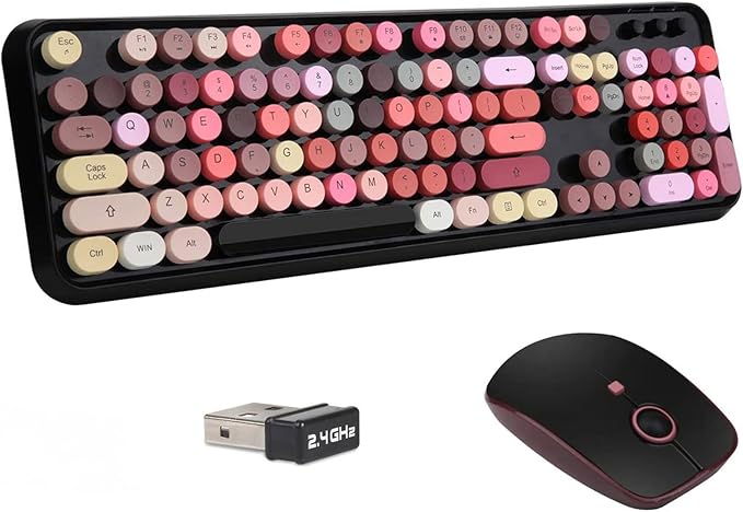 Wireless Keyboard and Mouse | Cute Colorful Keyboard and Mouse with 2.4GHz Cordless Retro Typewriter Keyboard | Auto-Sleep | USB Receiver for Windows PC/Laptop - Black Colorful