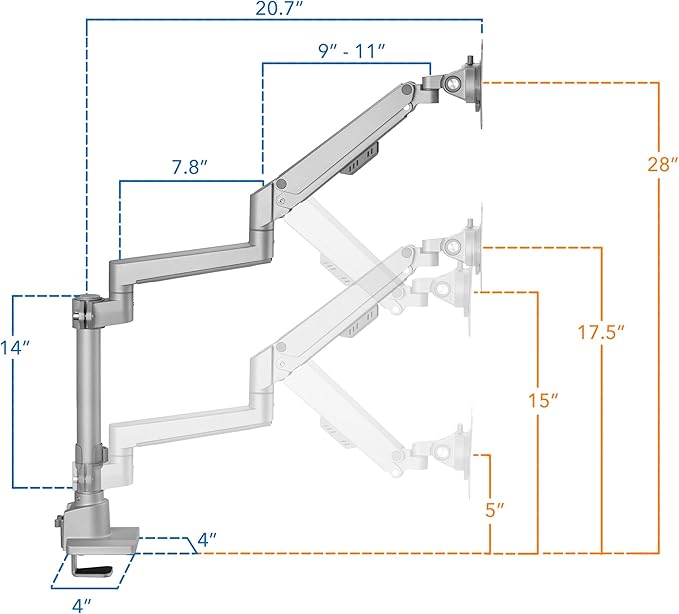 Mount-It! Single Monitor Desk Mount – Pole Mounted Gas Spring Arm, Full Motion Height Adjustable Monitor Stand with C-Clamp or Grommet Base, Fits 19–32 Inch Screens, Silver