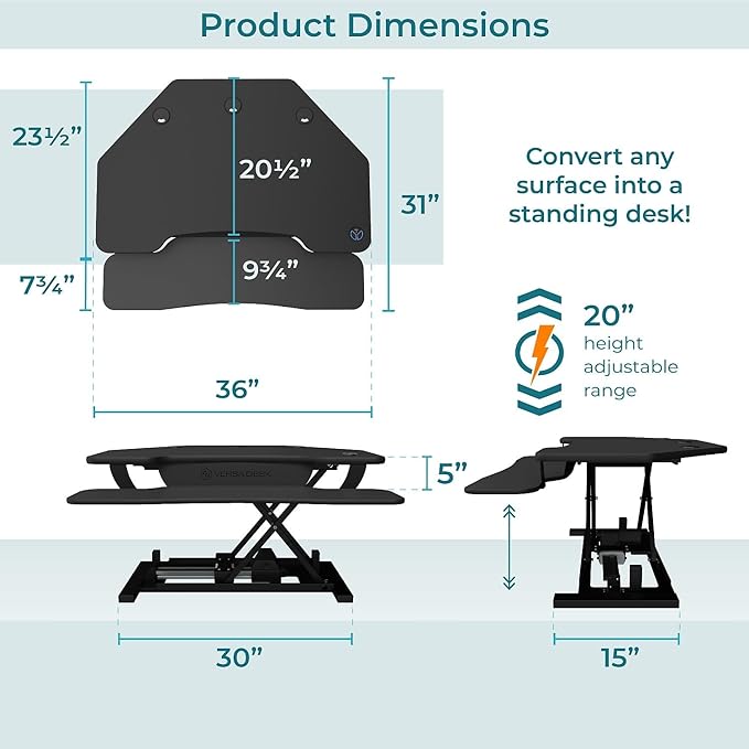 VERSADESK® PowerPro™ 36" Corner Standing Desk Converter, 36 Inch Motorized Height-Adjustable Standup Desk Riser Sit to Stand Desktop with Keyboard and Mouse Tray + USB Charging Port, Black