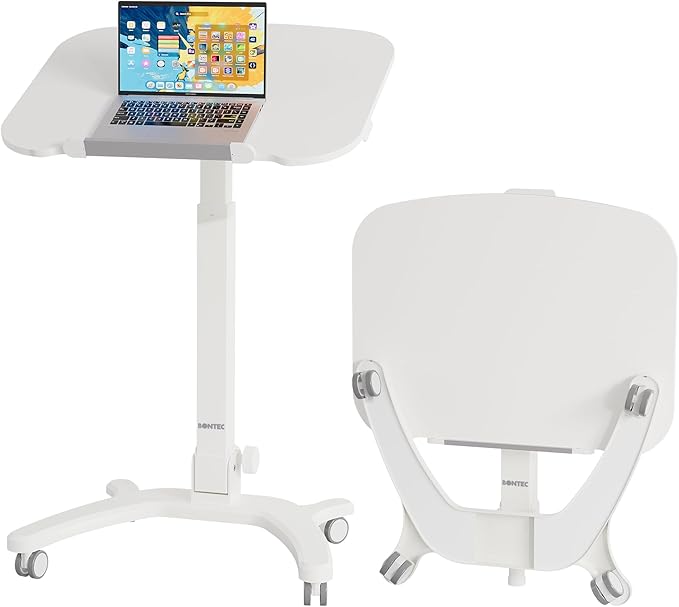 BONTEC Mobile Foldable Standing Desk, Portable Adjustable Height Desk with Gas Spring, Small Rolling Laptop Desk with Wheels for Home, Office, Bedroom, and Medical Use, 25.6" x 19.7" Desktop, White