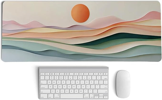 Aesthetic Boho Abstract Sunset Mouse Pad,XL Large Minimalist Pastel Layered Landscape Desk Mat,Summer Sun Mousepad for Home Office Dorm Desktop Decor,31.5x11.8 Inch