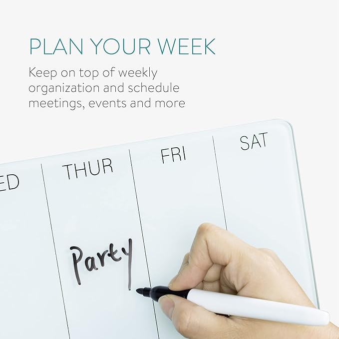 Navaris Weekly Whiteboard Planner - Small Dry Erase Glass Whiteboard to Do Calendar for Office Desk - Dry Erase Schedule Board - 16 x 6 Inches